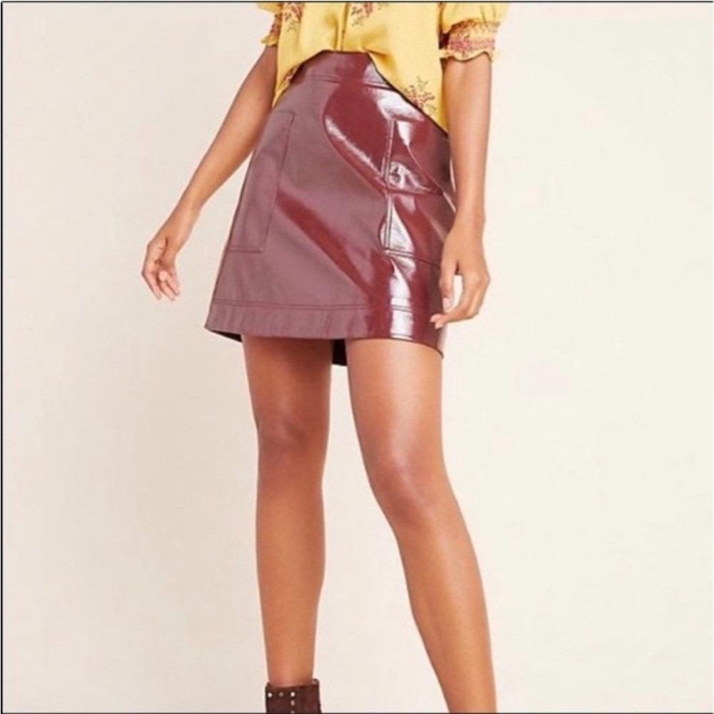 Anthropologie Maeve faux patent leather mini skirt brown
